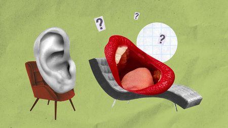 Healthcare poster emphasizing the importance of asking for help when dealing with mental health issues. Female mouth and human ear. Visiting psychologistの写真素材