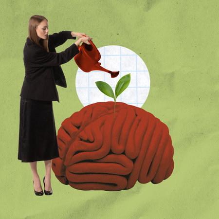 Young woman watering blossoming brain. Visual metaphor for cognitive development. Creation of a mental oasis and intellectual richnessの写真素材