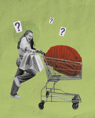 Advertisement for personal finance app that helps manage impulsive spending and budgeting. Girl pushing shopping cart with large brain inside, surrounded by question marksの写真素材