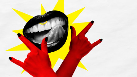 Passion of dynamic music. Creative colorful design with female mouth and hands showing rock and roll symbol over light background with yellow elementの写真素材