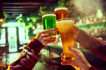 Craft beer festival poster showcasing diverse and unique beer options. Friends meeting in pub, clicking lager, dark and green foamy beer mugsの写真素材