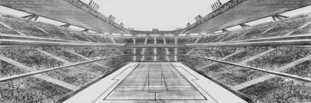 Architectural soccer filed project. Sketch of an empty open air American football stadium with tribune. Creative sketch design art.の写真素材