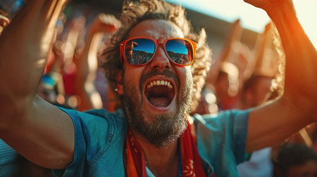Emotional, happy and excited young man, people watching football match on tribune, shouting cheering up favorite team.の素材