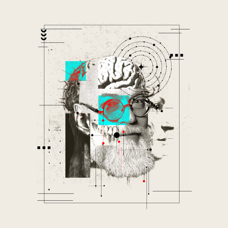 Poster for a lecture series on neuroscience and the aging process. Artistic montage of an elderly...