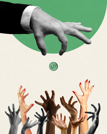 Giant hand throwing one coin into crowd of hands of despair people suffering from financial crisis and bankruptcy. Contemporary art collage.の写真素材