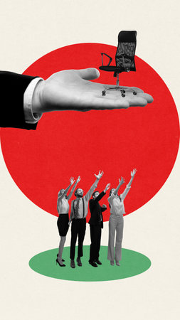 Unemployment issue. People standing and betting to be hired on one vacant job position. Contemporary art collage.の写真素材