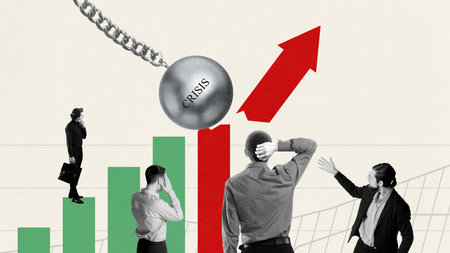 Poster for a financial recovery seminar after market crashes. Contemporary art collage. Wrecking...