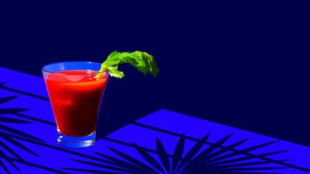 Contemporary art collage. Spicy and Refreshing. Classic Bloody Mary cocktail garnished with celery serving on blue bar counter with shadows of plants.の写真素材