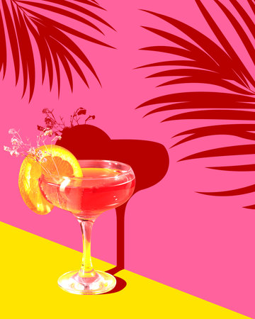 Contemporary art collage. Exotic, cold and refreshing cocktail is decorative dried flowers against bright background with dark shadows of plants.の写真素材
