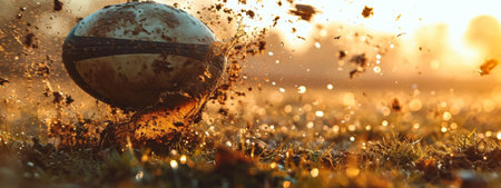 Banner. Moment in Time. Rugby ball bounces off the ground, kicking up dust and dirt as it moves. Dynamic close-up shot.の素材