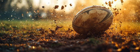 Banner. Ephemeral Victory. Rugby ball bounces off ground, kicking up dust and dirt as it moves. Dynamic close-up shot.の素材
