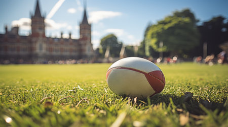 Rugby ball young on grass, sport filed on daytime. Professional equipment.の素材