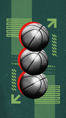 Three basketball balls against green background with abstract background. Modern design.の写真素材