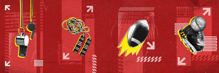 Whistle, jumping rope, baseball ball and glove against red background with abstract elements. Modern...