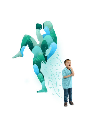 Little boy and silhouette of boxer. Child dreaming to become boxing, mma athlete in future. Contemporary art collage.の写真素材