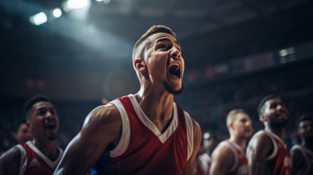 Emotional man, basketball player shouting, celebrating successful game on court. Winning game, team.の素材