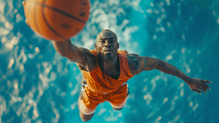 Dynamic image of young muscular African man, basketball player in motion, with ball in jump against water background.の素材