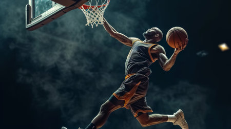 Slam dunk. Bottom view of competitive young African man, basketball player in motion with ball over dark background with smoke.の素材
