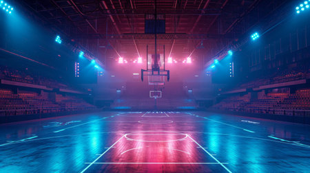 Empty basketball stadium, court with blue pink neon lights.の素材