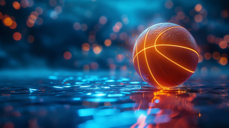Basketball ball lying on court, stadium with water effect, blurred dark background in neon. After game.の素材