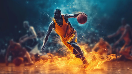 Dynamic image of muscular young man, basketball player in motion during game, dribbling ball on sport court. Fire elements, energyの素材