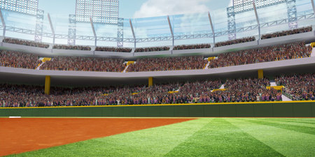 Wide-angle view of a crowded stadium with vibrant green field. 3D render of baseball stadium, open air arenaの写真素材