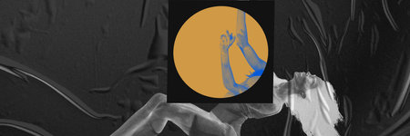 Poster for modern dance performance, expressing emotional release. Young woman with orange circle element, monochrome with blue tintの写真素材