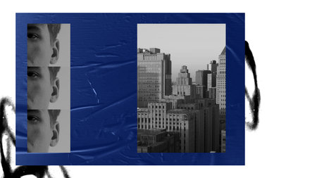 Social documentary series cover about urban life and individual experiences. Art design with male facial fragments with monochrome cityscape on blue background.の写真素材