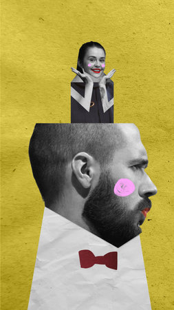Smiling young woman appearing from male head. Man feeling unpleasant about woman controlling his mind. Contemporary art collage.の写真素材