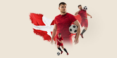 Serious man, soccer player representing team of Denmark. Danish flag on background. Creative collage. Poster for sport events. Championshipの写真素材