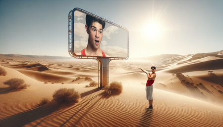 Adventure company offering desert exploration tours. Travel agency promoting beauty of desert destinations. Man pointing to billboard with his emotional faceの写真素材