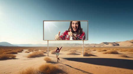 Travel company offering exclusive desert tours. Beautiful happy young girl standing near billboard with her smiling face in desert.の写真素材