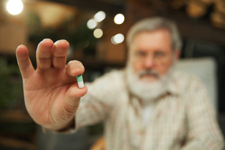 Senior man siting at home and drinking pills. Blurred background. Focus on hands with capsule, pill. Medicationの写真素材