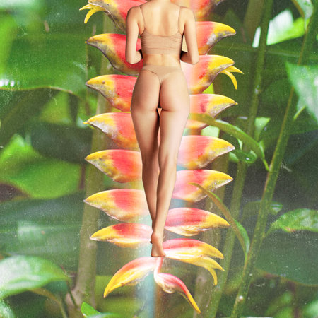 Conceptual design with slim female body in beige underwear standing over vibrant heliconia flower. Yoga, meditation and unity with nature.の写真素材