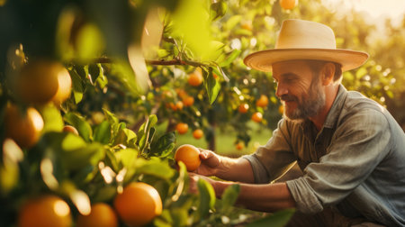 Positive man, farmer working on orange plantation, picking orange on sunny day. Gathering harvest for further transportationの素材