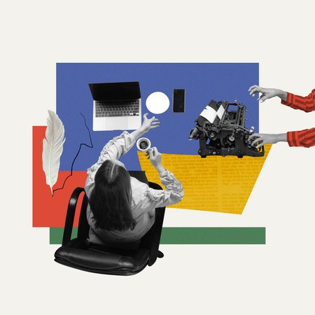 Woman, journalist sitting at table and working on new project, blog post, story. Copywriting and marketing projects. Contemporary art collage.の写真素材