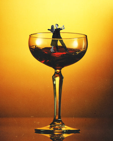 Passion. Young man and woman in stylish costumes dancing tango inside cocktail glass over gradient background. Contemporary art collage.の写真素材