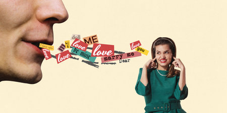 Man whispering words about love, feelings to woman blocking her ears. Unrequited love. Contemporary...
