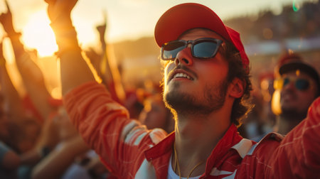 Close-up of a person wearing red cap, looking on sport competition on sunset with a blurred background.の素材
