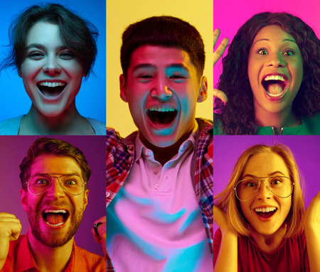 Collage made of different young people, men and women expressing excitement, emotions of happiness and win against multicolored background in neon lightの写真素材