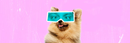 Banner. Contemporary art collage. Pomeranian Schpitz with male eyes expressing funny emotions in mint filter. Animals with human facial expression.の写真素材