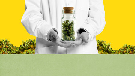 Doctor holding jar of cannabis. Legalization of medical marijuana for diseases treatment, pain killer. Therapy. Conceptual design.の写真素材