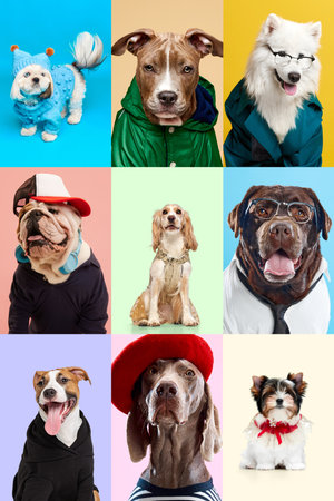 Collage made of different adorable positive purebred dogs wearing various clothes, sitting against multicolored background. Fashionの写真素材