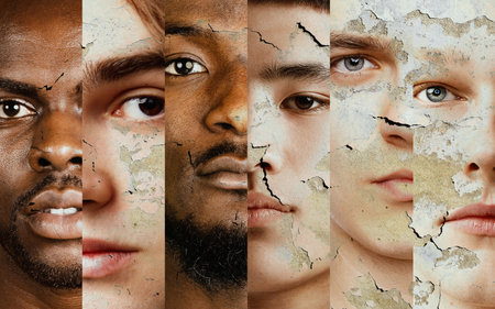 Collage made of cropped close-up portraits of different young men with varying skin tones and features, looking at camera. Cracked texturesの写真素材