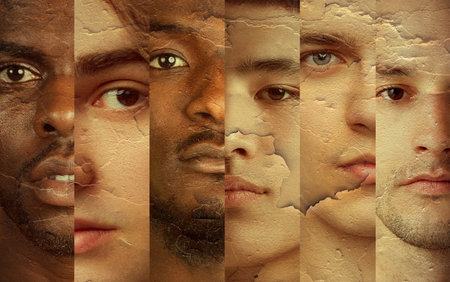 Collage made of cropped close-up portraits of different young men with varying skin tones and features, looking at camera. Paper texturesの写真素材