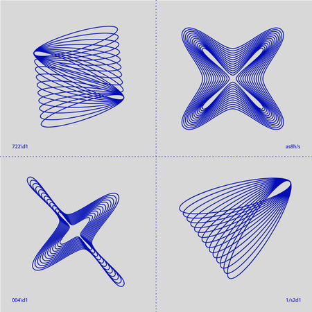 Four geometric line patterns creating abstract three-dimensional shapes on grey grid. Modern aesthetics, minimalist art.のイラスト素材