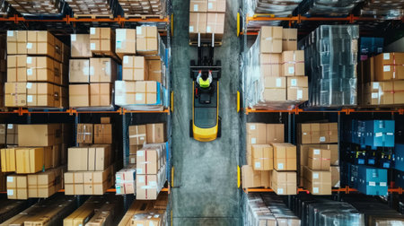 Worker driving forklift in warehouse. Retail warehouse with shelves with goods in cardboard boxes. Product distribution logistics center.の素材