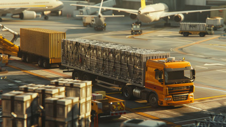 Truck standing in aerodrome wit many boxes around, loading goods on plane for further transportationの素材