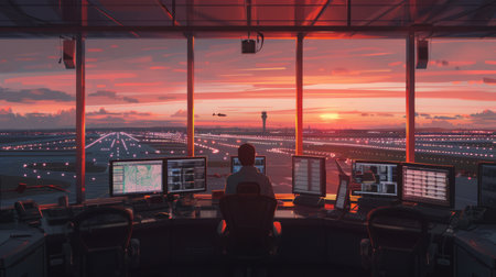 Air traffic control room during sunset with panoramic view of the airport runways and the horizon. Multiple computer screens display various data and flight pathsの素材
