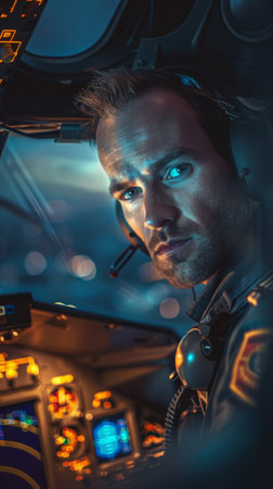 Portrait of handsome young airplane pilot in the cockpit, looking straight in the camera. Concentration and seriousnessの素材